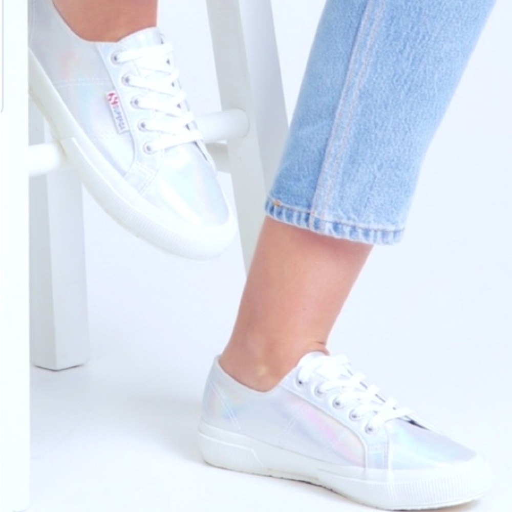 Superga Iridescent Silver Hologram Festival Sneakers, Size 38 or 7 US